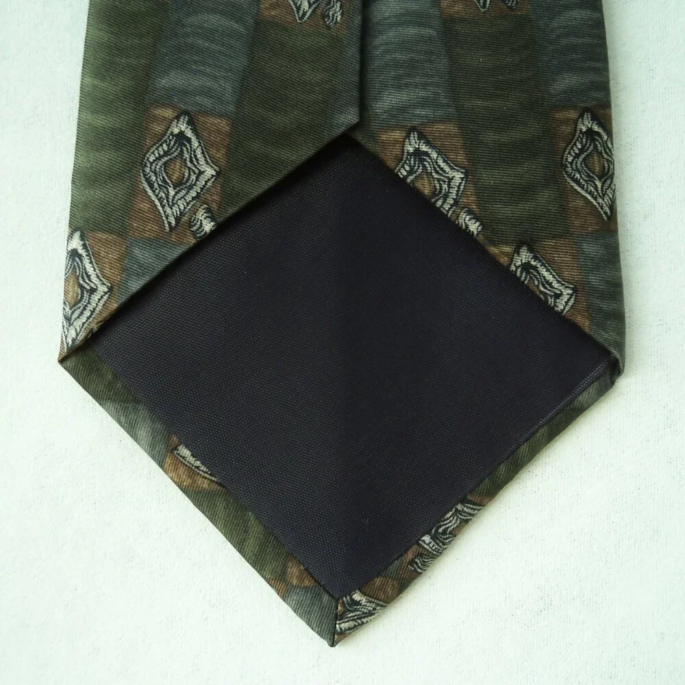Henry Grethel Olive Green Neck Tie 100% Italian Silk Gray Brown Geometric Stripe
